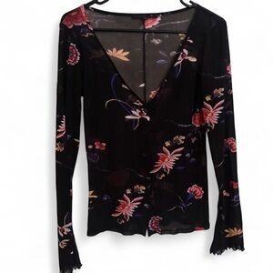 AnnaRita N Black Sheer Floral V Neck Button Down Long Sleeve Top Made in Italy